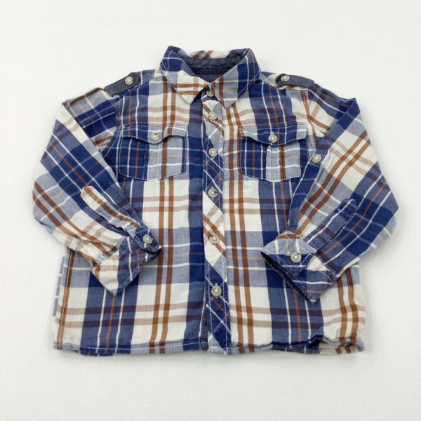 Navy & Beige Checked Long Sleeve Shirt - Boys 2-3 Years