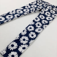 Flowers Navy Denim Jeans With Adjustable Waist - Girls 8-9 Years