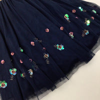 Flowers Sequinned Navy Party Skirt - Girls 7-8 Years