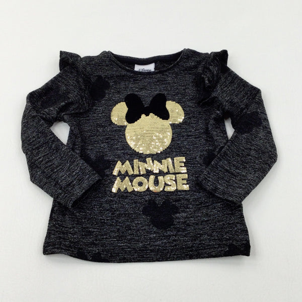 'Minnie Mouse' Sequinned Mottled Charcoal Grey Long Sleeve Top - Girls 2-3 Years