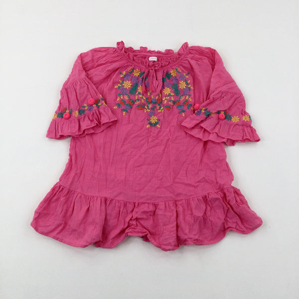 Flowers Embroidered Pink Long Sleeve Tunic Top - Girls 9-10 Years