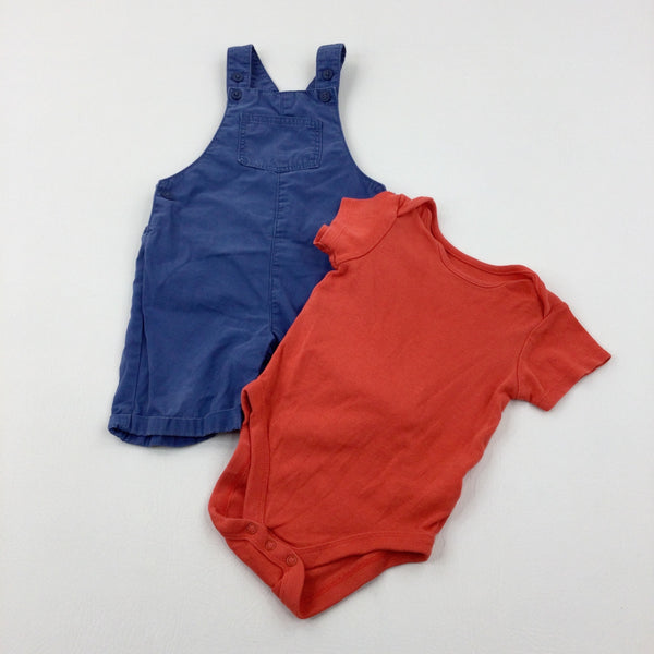 Blue Short Dungarees & Orange Cotton Bodysuit - Boys 12-18 Months