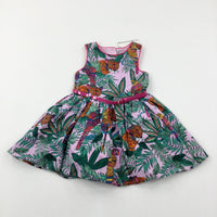 **NEW** Tropical Animals & Leaves Pink & Green Dress With Belt - Girls 2-3 Years