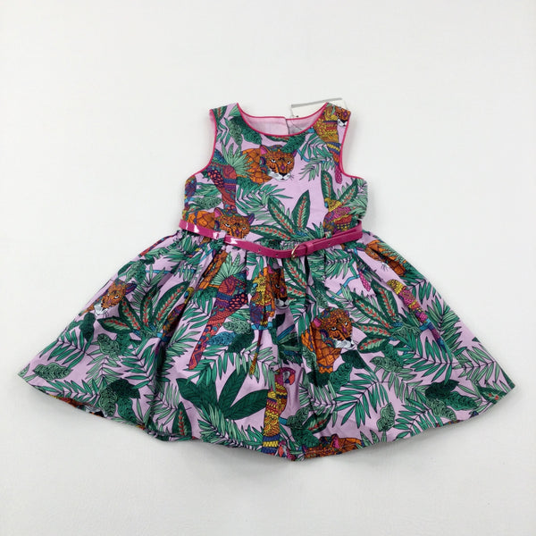 **NEW** Tropical Animals & Leaves Pink & Green Dress With Belt - Girls 2-3 Years