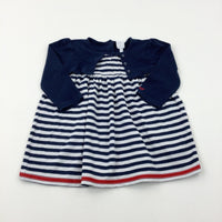 Navy & White Striped Dress With Attached Navy Cardigan - Girls 18-24 Months