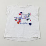 'Beautiful Days' Moped & Cat Sequinned White T-Shirt - Girls 5-6 Years