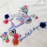 'Beautiful Days' Moped & Cat Sequinned White T-Shirt - Girls 5-6 Years