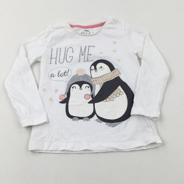 'Hug Me' Penguins Glittery White Long Sleeve Top - Girls 5-6 Years