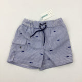 **NEW** Sharks Embroidered Blue Striped Shorts - Boys 2-3 Years