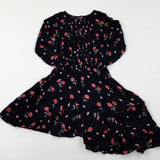 Flowers Black Asymmetrical Dress - Girls 5-6 Years