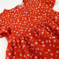 Flowers Red Layered Dress - Girls 6-7 Years