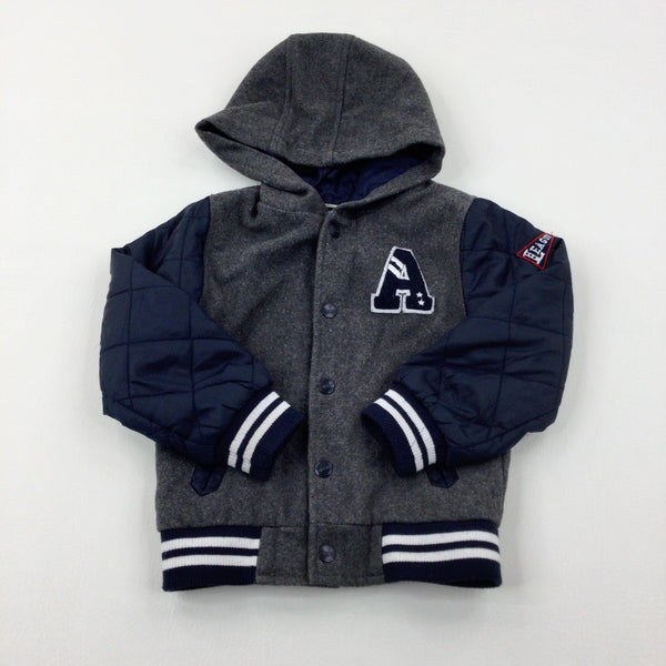 'A' Appliqued Grey & Navy Quilted Hooded Jacket - Boys 3-4 Years