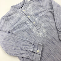 Flowers Embroidered Light Blue Long Sleeve Cotton Shirt - Girls 3-4 Years