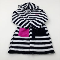 'DKNY' Embroidered Black & White Striped Fluffy Hoodie - Girls 8-9 Years