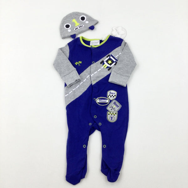 **NEW** 'Winner' Race Car Blue & Grey Babygrow - Boys 0-3 Months