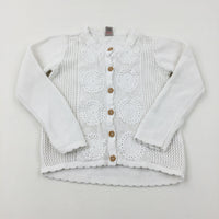 Flowers Embroidered White Knitted Cardigan - Girls 5-6 Years