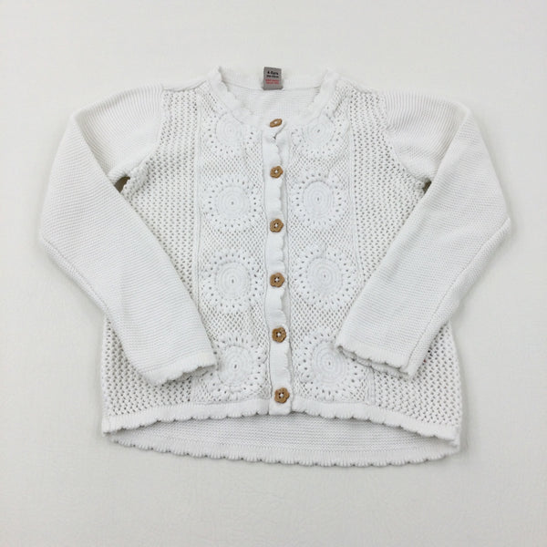 Flowers Embroidered White Knitted Cardigan - Girls 5-6 Years