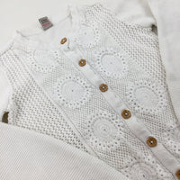 Flowers Embroidered White Knitted Cardigan - Girls 5-6 Years