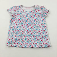 Flowers Pink & Blue Cotton T-Shirt - Girls 5-6 Years