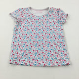 Flowers Pink & Blue Cotton T-Shirt - Girls 5-6 Years