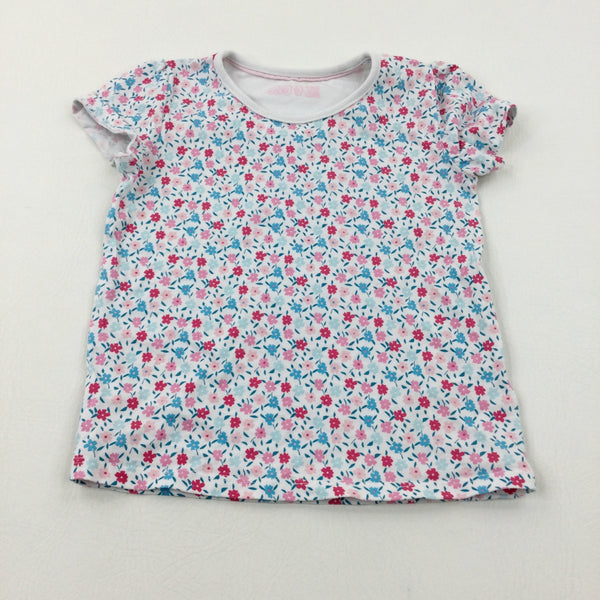 Flowers Pink & Blue Cotton T-Shirt - Girls 5-6 Years