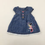 Minnie Mouse Appliqued Mid Blue Denim Dress - Girls Newborn