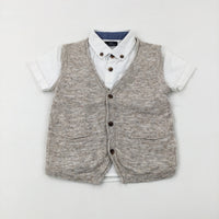 White Linen Mix Short Sleeve Shirt & Beige Knitted Gilet Set - Boys 12-18 Months