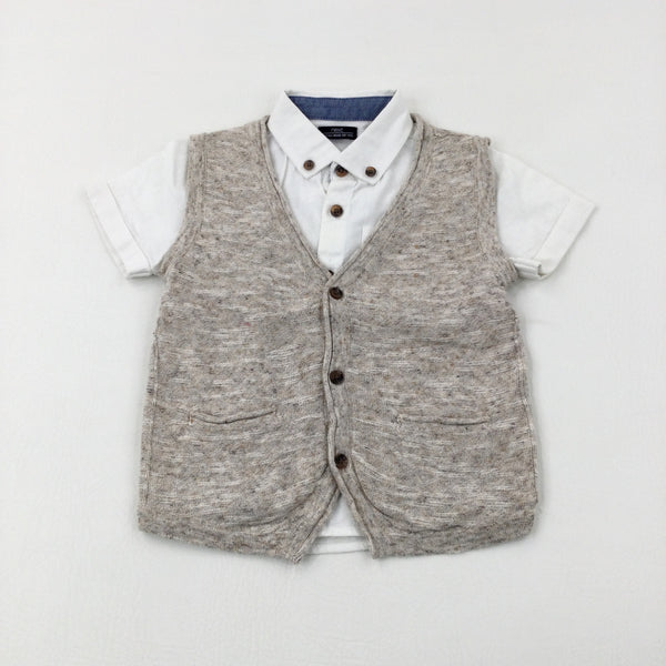 White Linen Mix Short Sleeve Shirt & Beige Knitted Gilet Set - Boys 12-18 Months