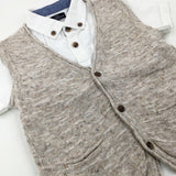 White Linen Mix Short Sleeve Shirt & Beige Knitted Gilet Set - Boys 12-18 Months