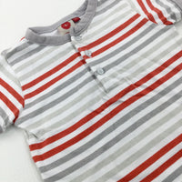 Red & Grey Striped Cotton T-Shirt - Boys 0-3 Months