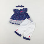 Flowers Navy & White Tunic Trousers & Headband Set - Girls 0-3 Months