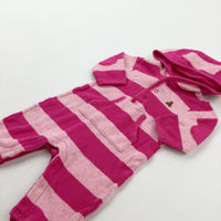 Bear Motif Pink Striped Hooded Romper - Girls 0-3 Months