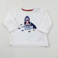 'Junior J' Seal Appliqued White Long Sleeve Top - Boys 0-3 Months