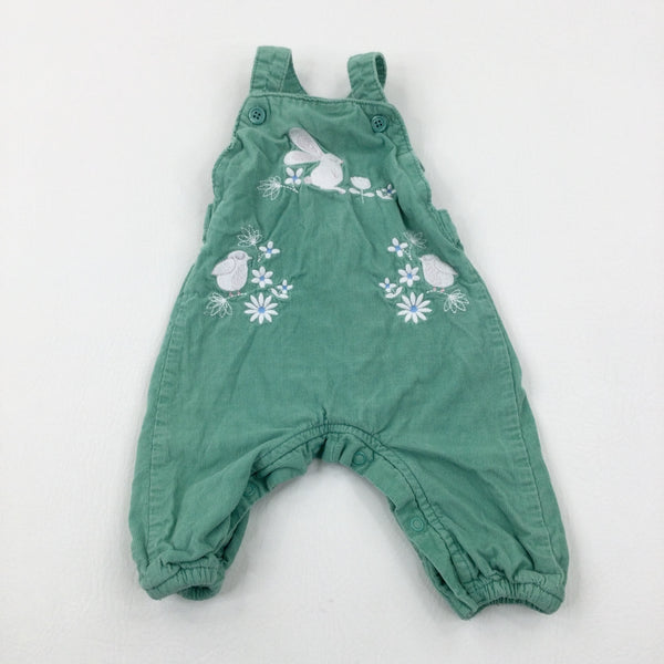 Birds & Bunny Embroidered Green Cord Dungarees - Girls 0-3 Months