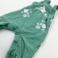 Birds & Bunny Embroidered Green Cord Dungarees - Girls 0-3 Months