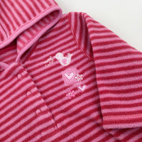 'Tweet Tweet' Bird & Hearts Appliqued Pink Striped Fleece Hoodie - Girls 0-3 Months