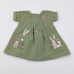 'Hop Hop' Bunnies & Flowers Appliqued Green Cord Dress - Girls 0-3 Months