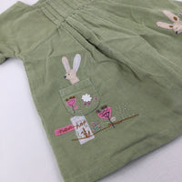 'Hop Hop' Bunnies & Flowers Appliqued Green Cord Dress - Girls 0-3 Months