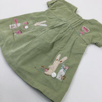 'Hop Hop' Bunnies & Flowers Appliqued Green Cord Dress - Girls 0-3 Months