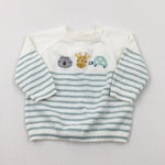 Animals Embroidered Green & Cream Striped Knitted Jumper - Boys 0-3 Months