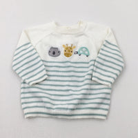 Animals Embroidered Green & Cream Striped Knitted Jumper - Boys 0-3 Months