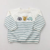 Animals Embroidered Green & Cream Striped Knitted Jumper - Boys 0-3 Months