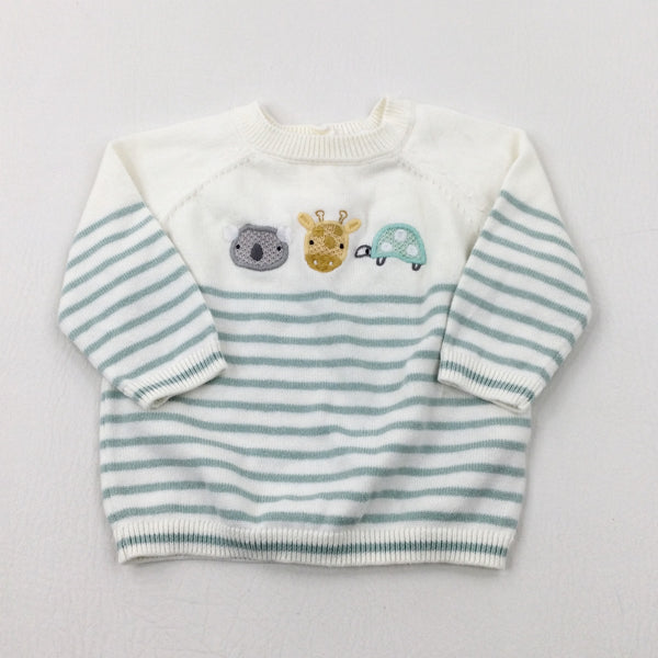 Animals Embroidered Green & Cream Striped Knitted Jumper - Boys 0-3 Months