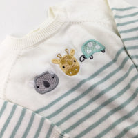 Animals Embroidered Green & Cream Striped Knitted Jumper - Boys 0-3 Months