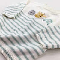 Animals Embroidered Green & Cream Striped Knitted Jumper - Boys 0-3 Months