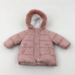 Stars Pink Padded Fleece Lined Winter Coat - Girls 0-3 Months