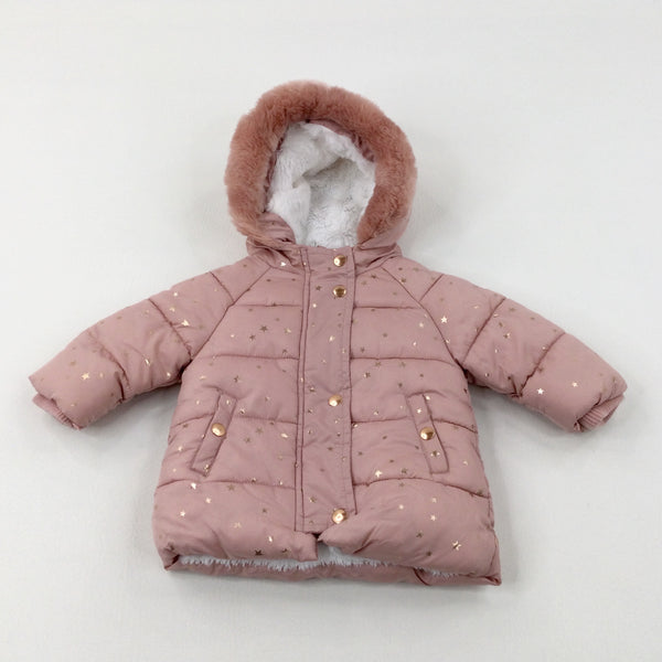 Stars Pink Padded Fleece Lined Winter Coat - Girls 0-3 Months