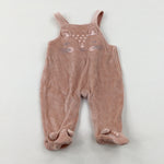 Cat Embroidered Pink Velour Dungarees - Girls 0-3 Months