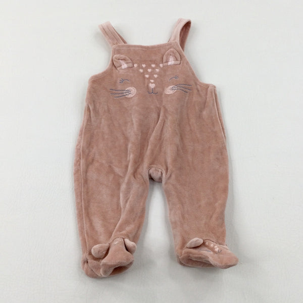 Cat Embroidered Pink Velour Dungarees - Girls 0-3 Months