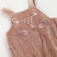 Cat Embroidered Pink Velour Dungarees - Girls 0-3 Months